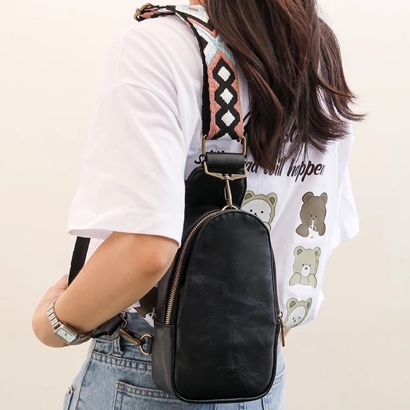 Black Aztec Western Bohemian Vegan Faux Leather Crossbody Fanny Bag - Picture 2 of 7